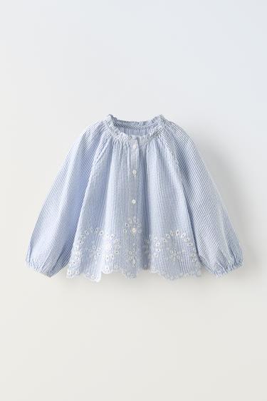 Zara SCHIFFLI LACE EMBROIDERED STRIPED SHIRT - Blue