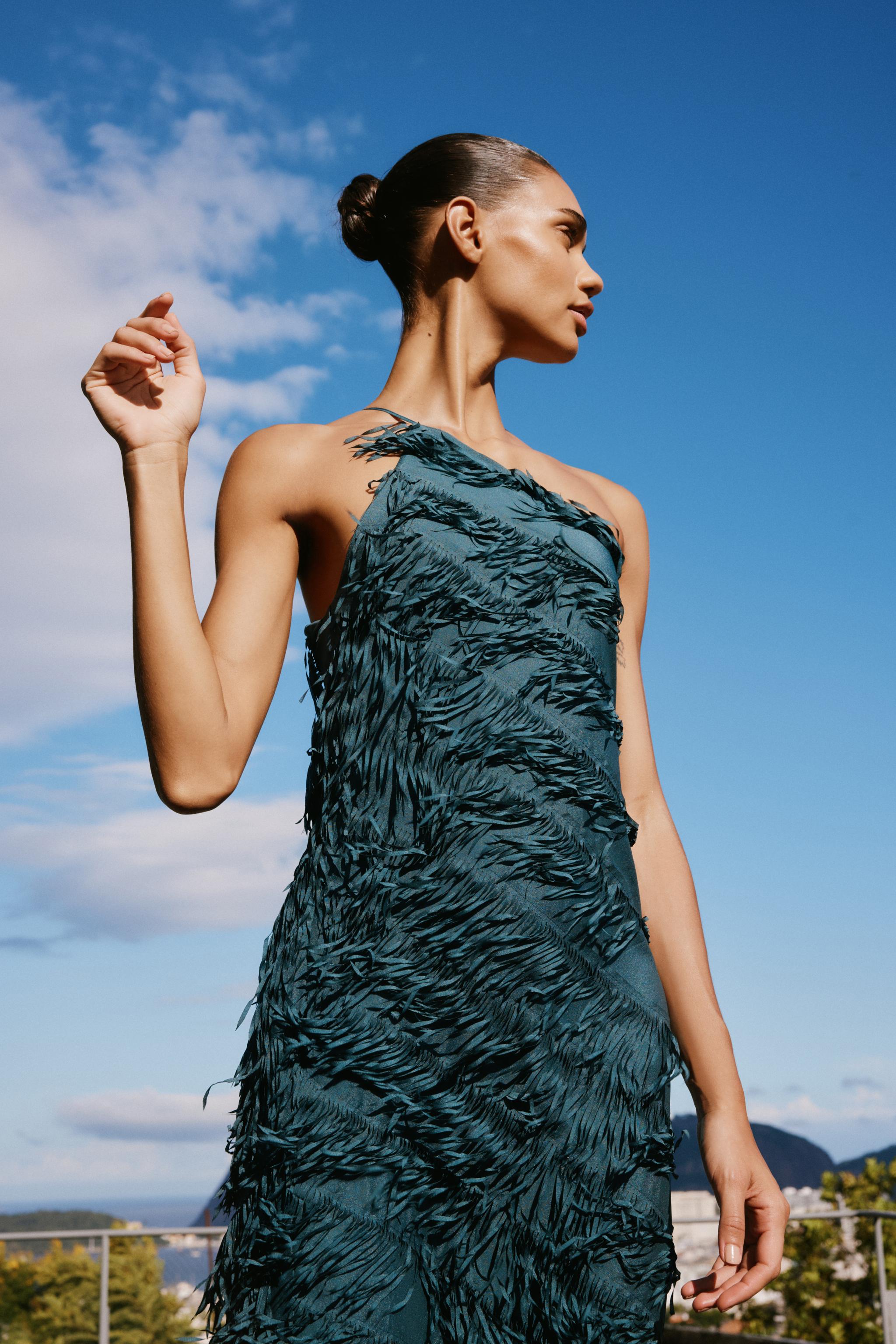 Sevilla Zara Vestido Flecos Azul FRINGED MIDI DRESS Duck Green