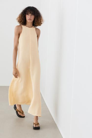 Zara Flowing linen halter midi dress - Biscuit