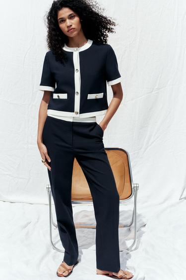 بنطلون مستقيم بخصر بلون متباين - بحري by Zara - Image 0