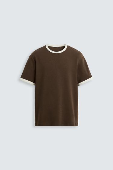 Zara BASIC CONTRAST RIB T-SHIRT - Brown / Ecru