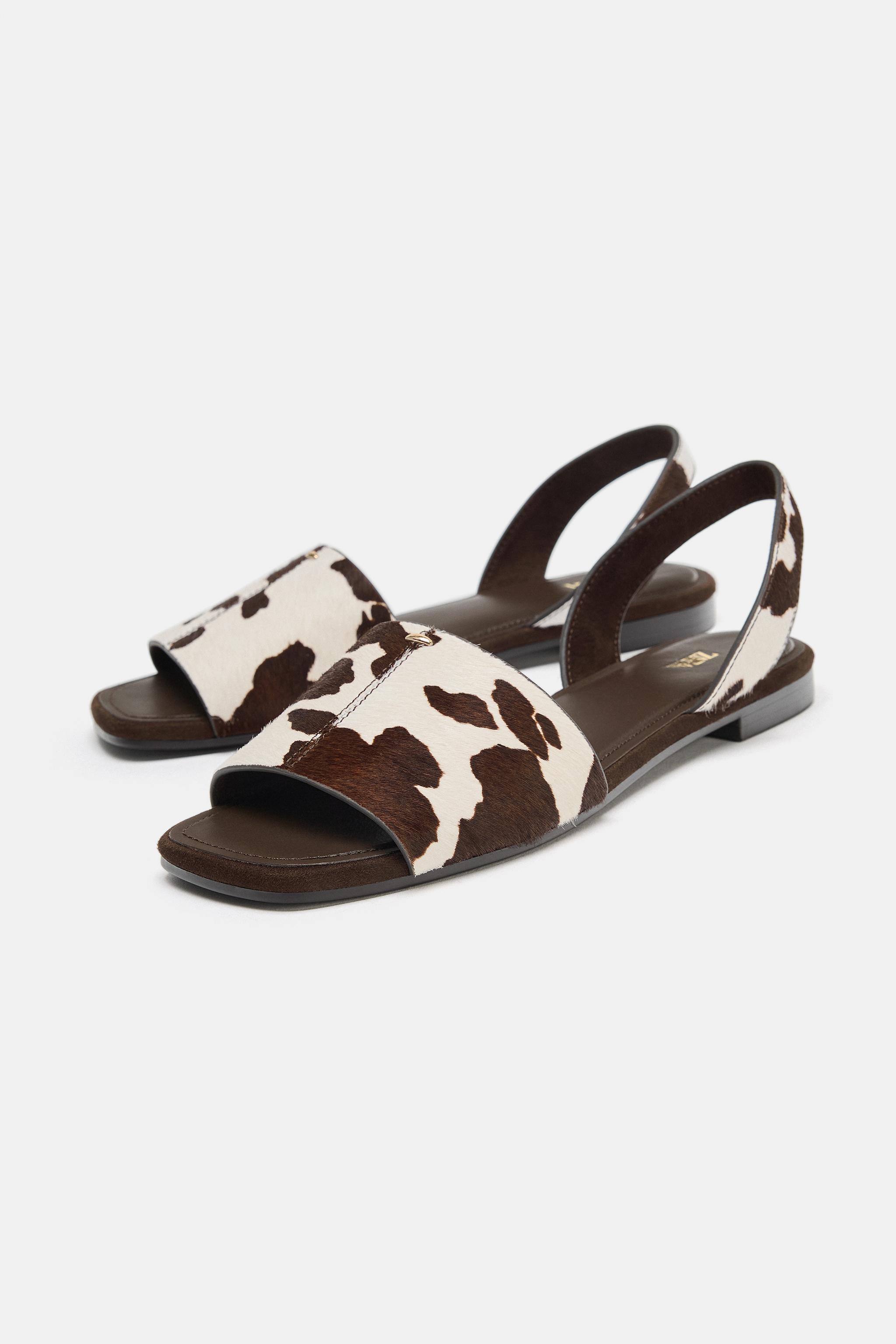 HAIR-ON LEATHER FLAT SANDALS
