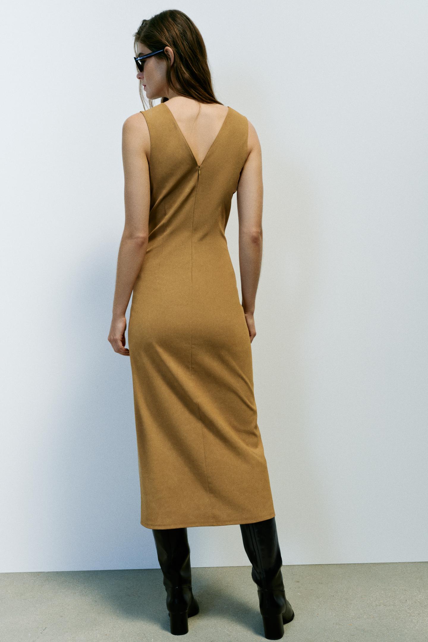 Женское платье Zara MIDI Suede Effect, цвет: Верблюжий — фото 4