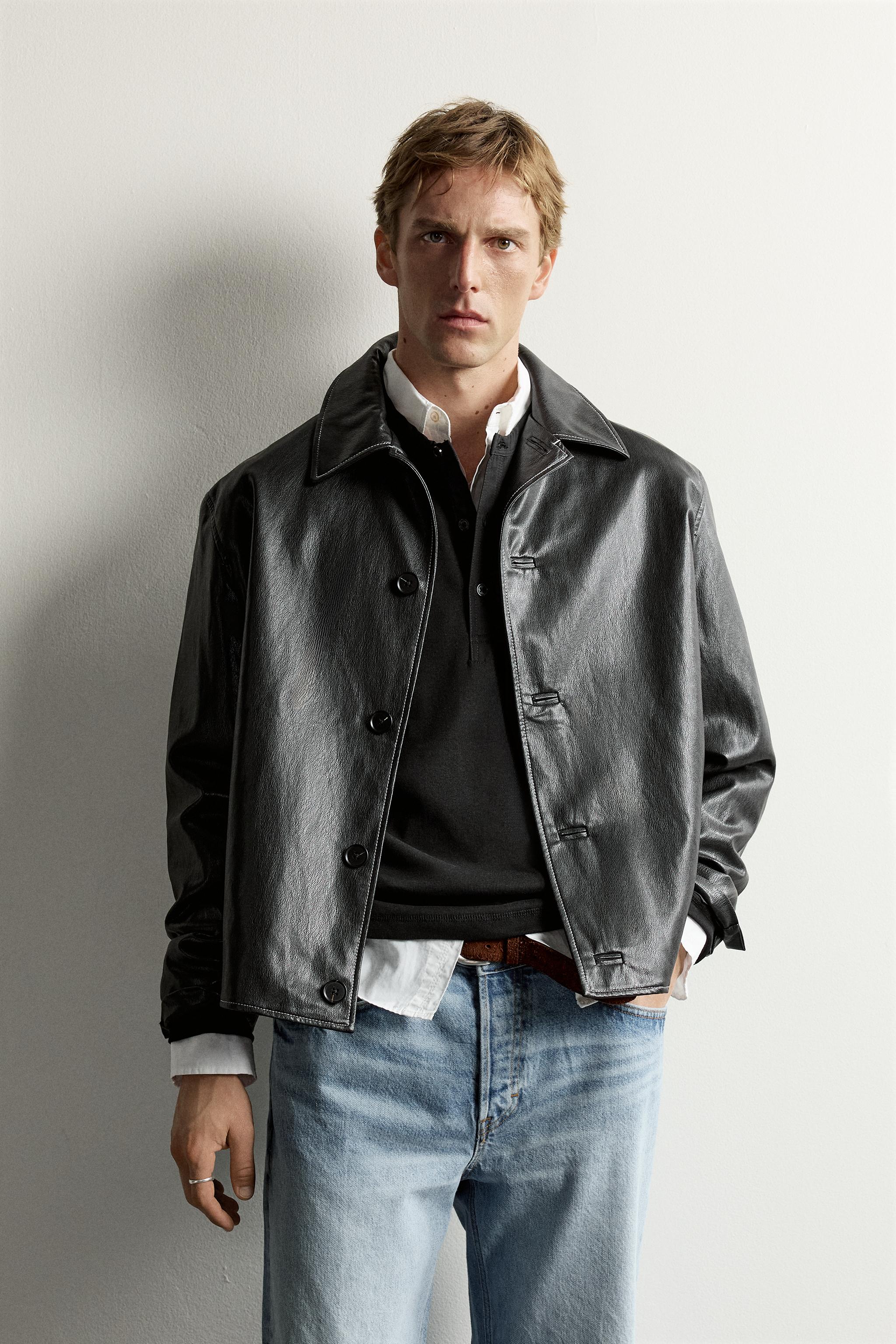 FAUX LEATHER TOPSTITCHED BOXY OVERSHIRT — Black
