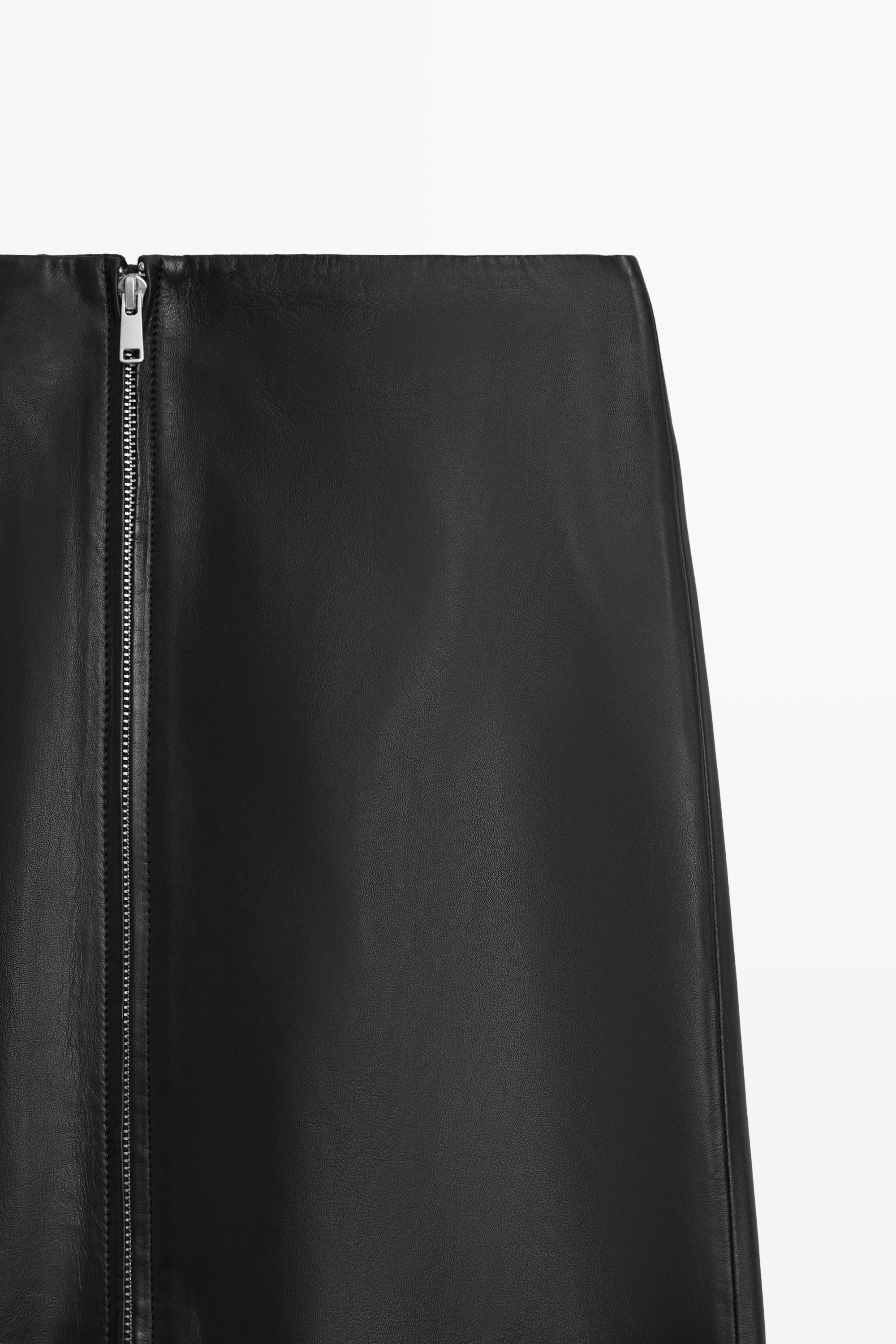 Nappa leather zip-front midi skirt