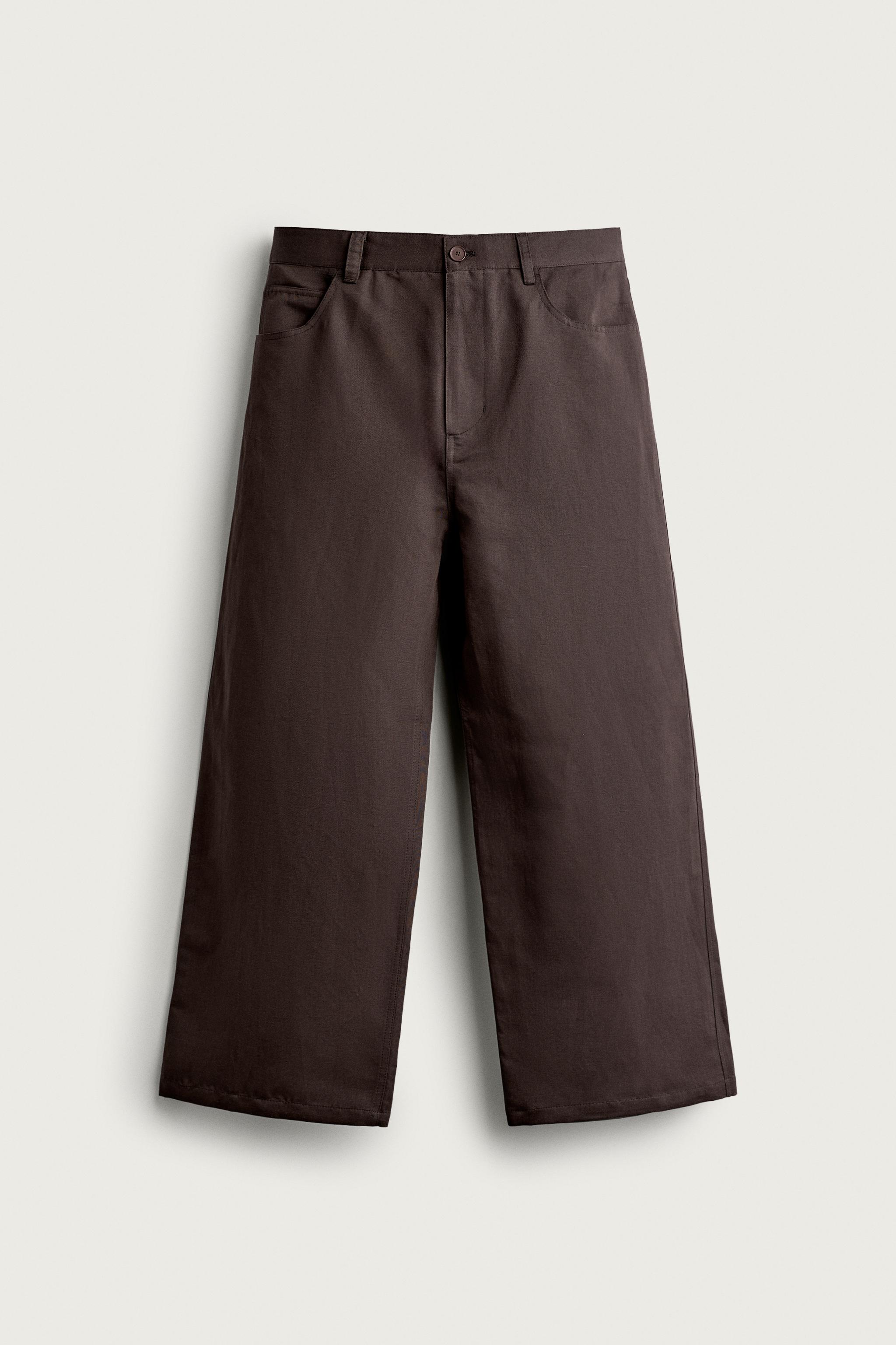 COTTON-LINEN RELAXED-FIT TROUSERS — Chocolate