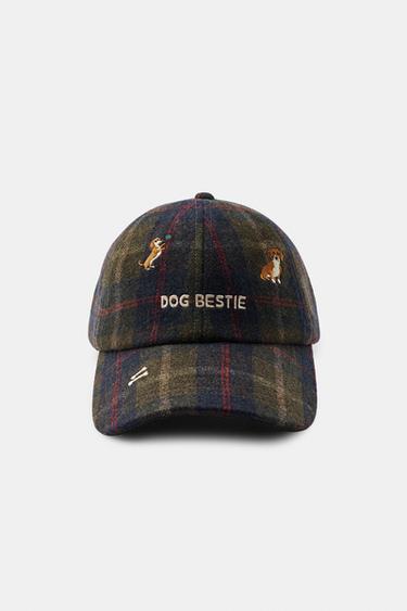 WOOL-BLEND PLAID CAP WITH DOG EMBROIDERY — Green 2