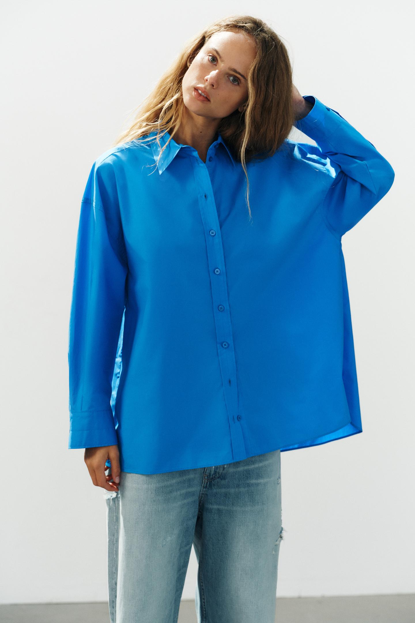 Женская рубашка Zara Oversized Poplin, цвет: Синий — фото 3