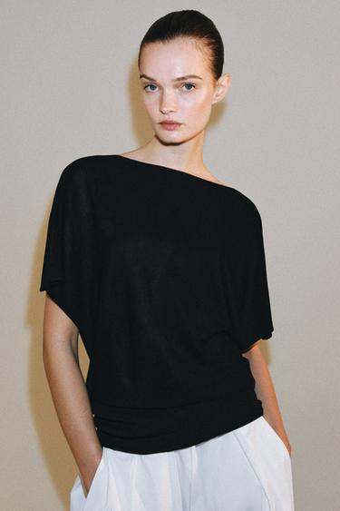 PLAIN KNIT BOAT NECK TOP - Black by Zara