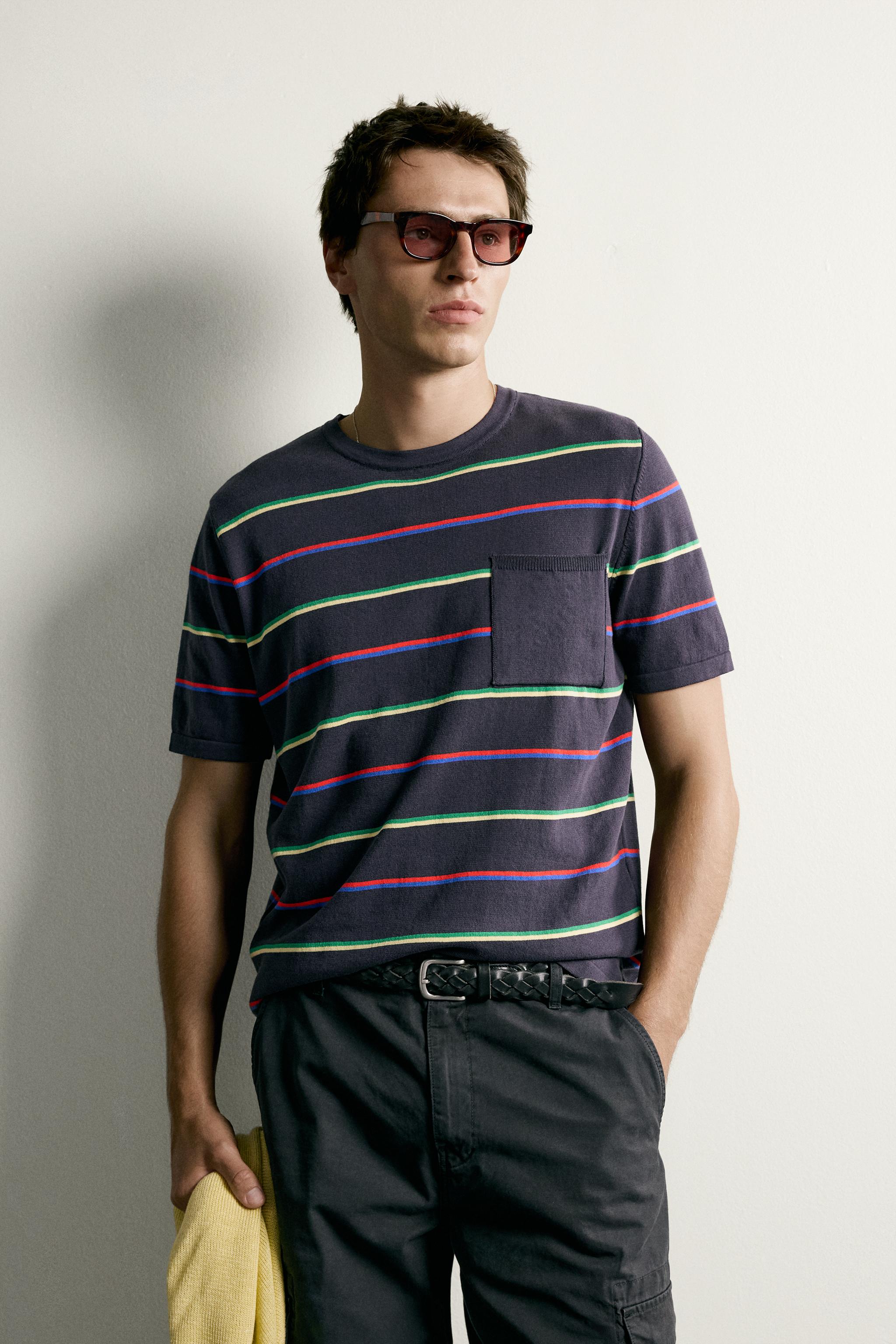 STRIPED JACQUARD KNIT T-SHIRT — Navy blue