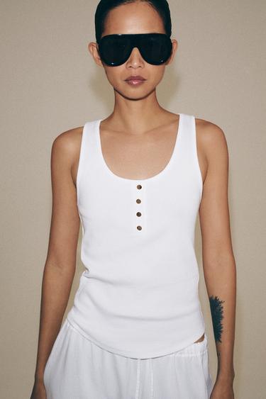 Zara COTTON BUTTON-UP TANK TOP - White