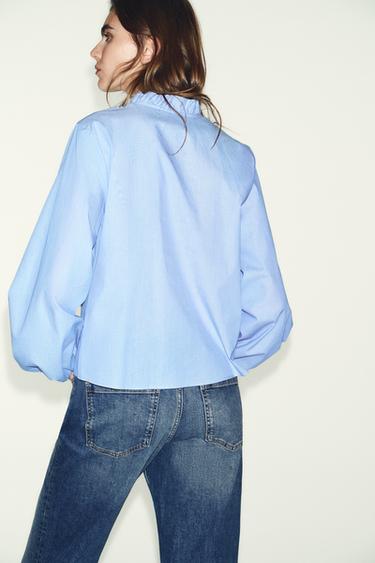 BLOUSE EN POPELINE À VOLANTS - Bleu / Blanc de Zara - Image 4