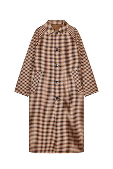 Front view of a brown checked overcoat with front buttons and side pockets.