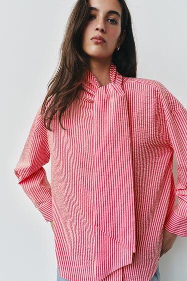 STRIPED SHIRT WITH TIED DETAIL - Pink by Zara