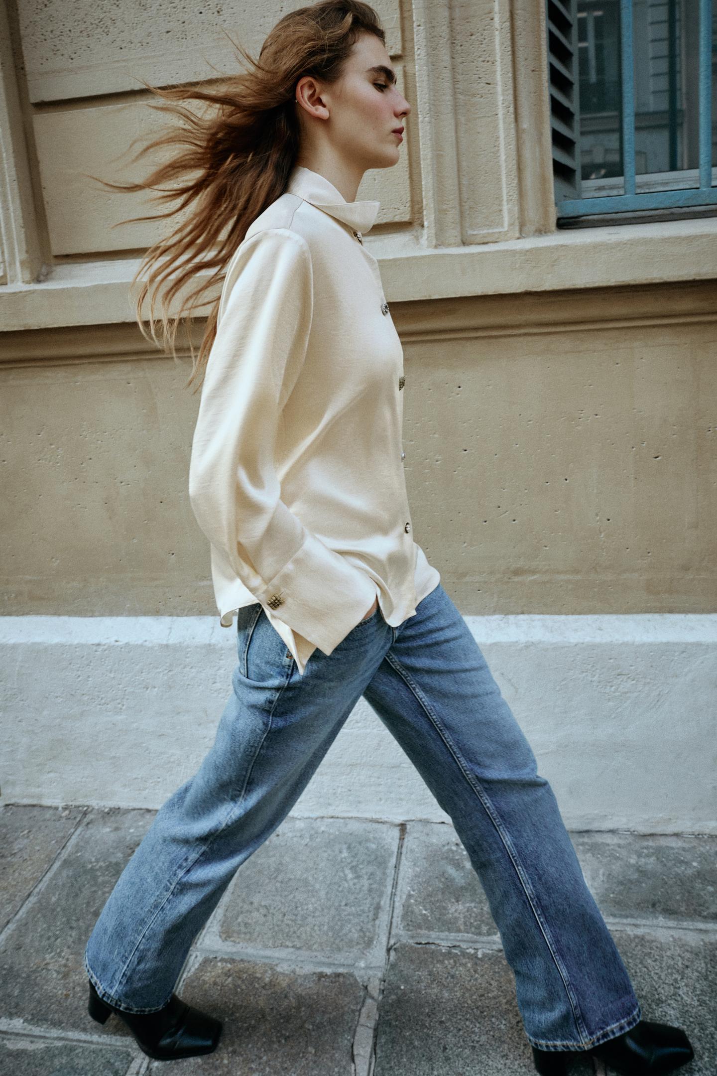 Женская рубашка Zara Satin Shirt with Jewel Buttons, цвет: Экрю — фото 3