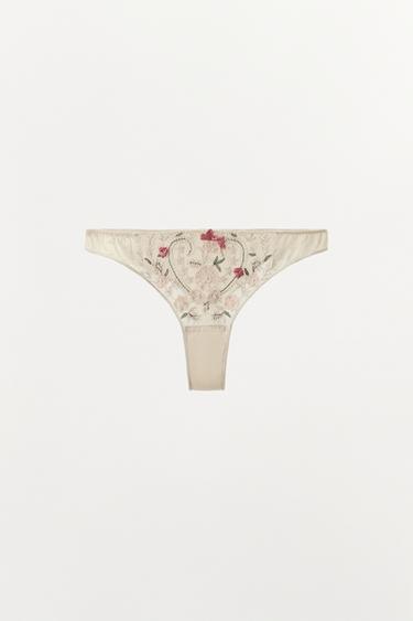 KOMBINIERTER SLIP MIT TÜLL, STICKEREI UND SCHMUCKPERLEN - Cremefarben von Zara