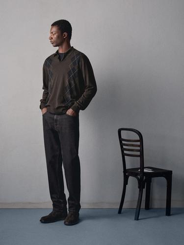 Zara Wool blend argyle knit polo sweater - Brown