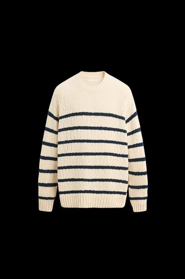 Zara TEXTURED STRIPE SWEATER - Ecru / Navy - Image 0