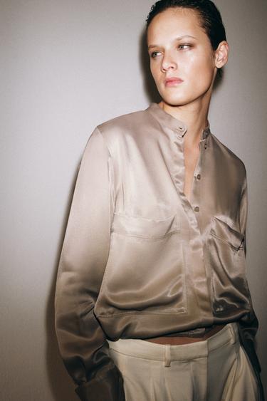 ZW COLLECTION SATIN SHIRT WITH PATCH POCKETS - Light mink by Zara