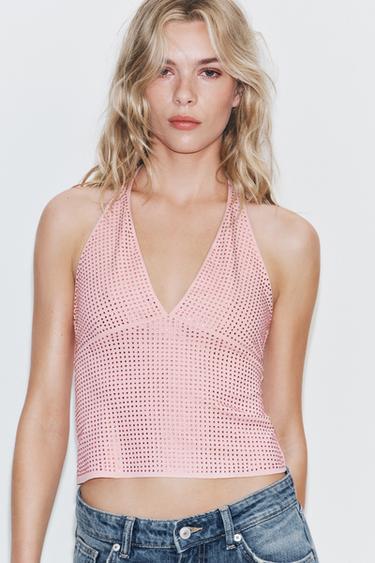 Zara SPARKLY HALTER TOP - Mid-pink