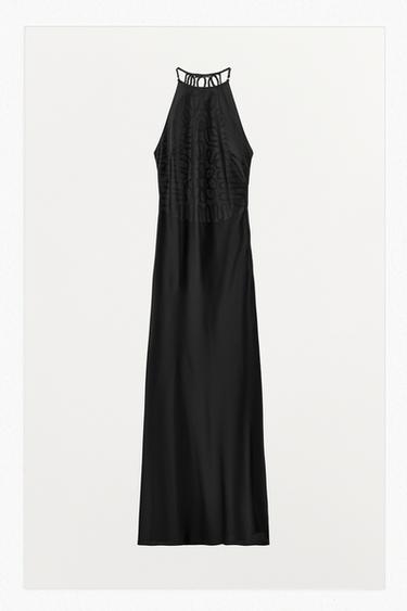 Zara EMBROIDERED BACK SATIN HALTER DRESS - Black