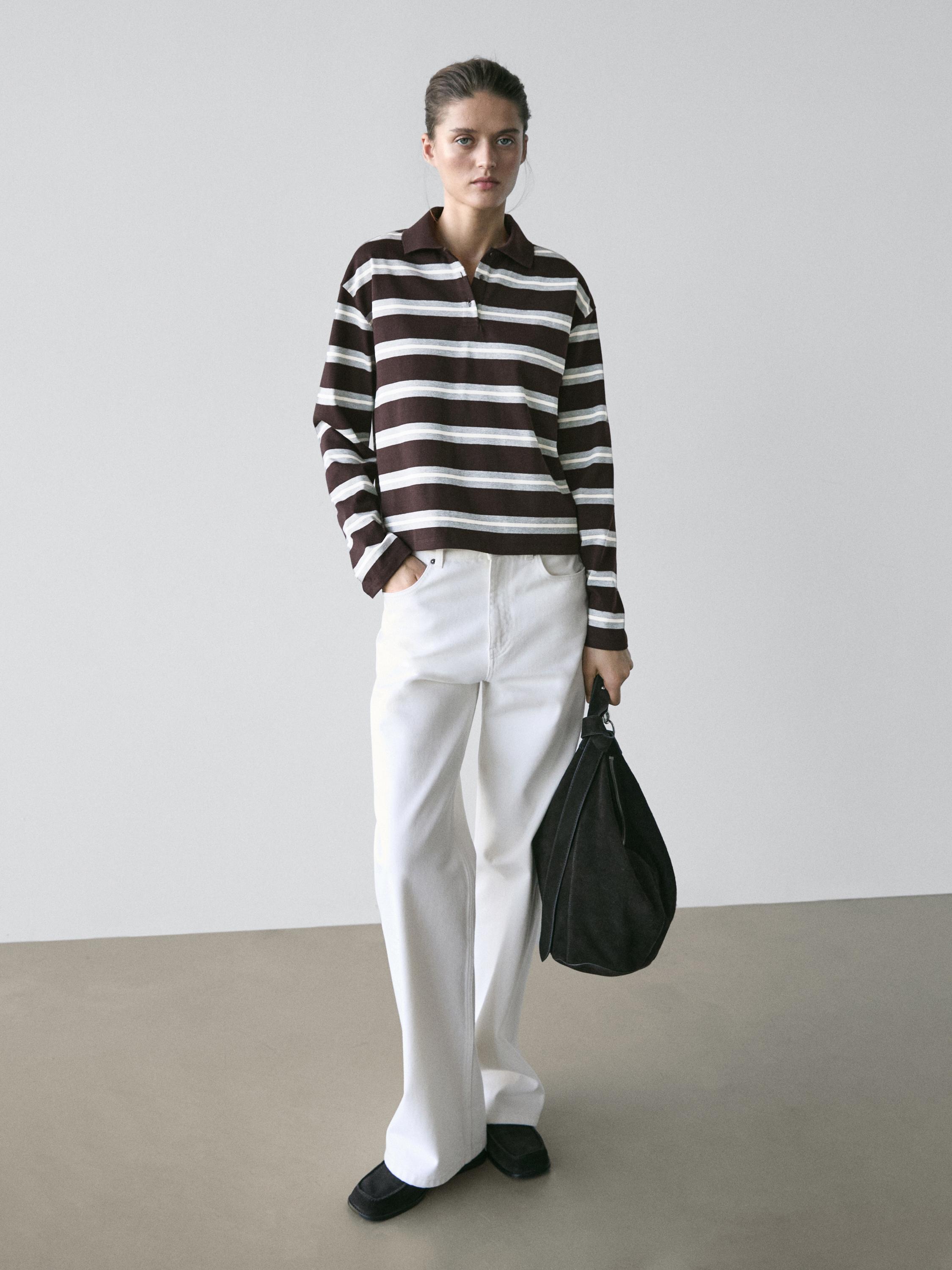 Striped cotton knit polo shirt