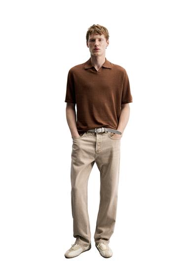 Zara PLETENA POLO MAJICA OD KONOPLJE I PAMUKA – laporno smeđa