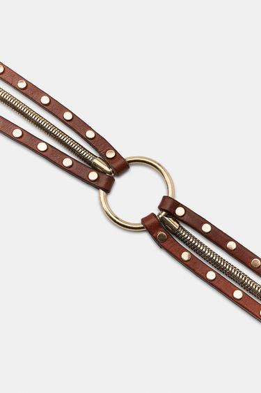 100% LEATHER CONTRAST STUDDED BELT - Brown by Zara - Image 4
