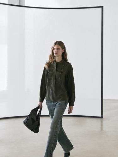 Camisa jaretas cuello mao - Verde de Zara