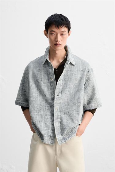 Zara 提花休閒版襯衫 - 淡藍色