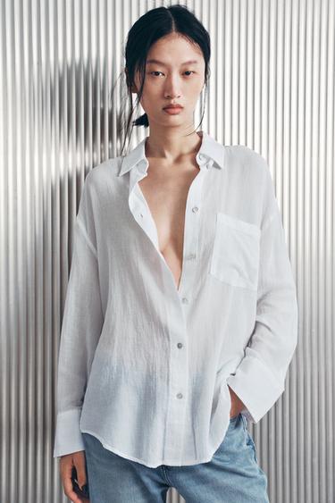 Zara 加大碼口袋雪紡襯衫 - 白色