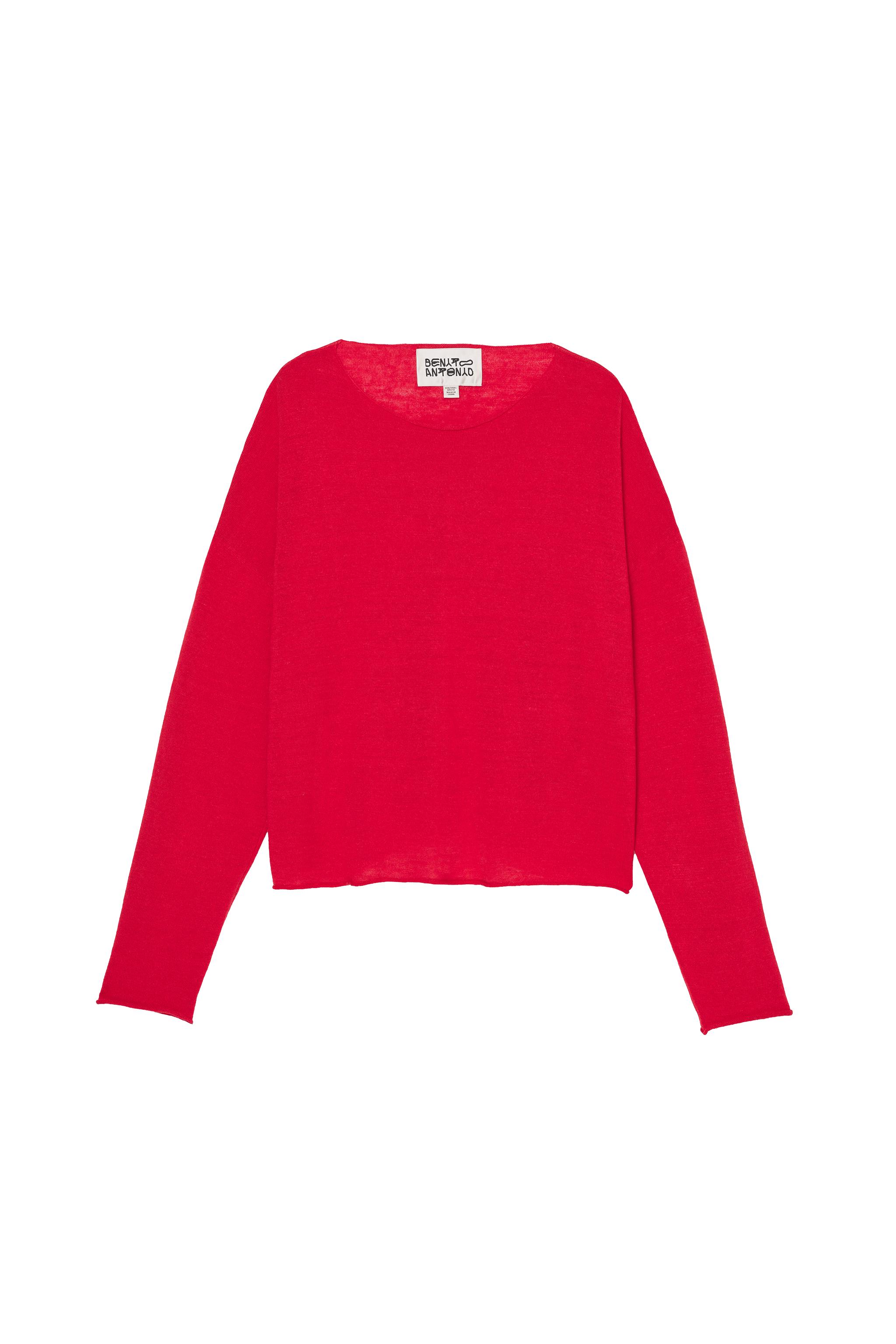 CROPPED FIT LINEN-WOOL BLEND SWEATER — Red