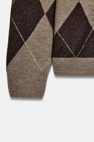 100% WOOL DIAMOND JUMPER - Brown / Taupe by Zara - Image 5