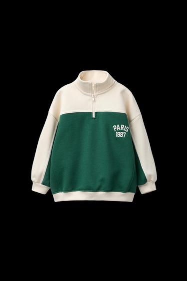 Zara EMBROIDERED TEXT ZIPPERED SWEATSHIRT - Green / Ecru - Image 0