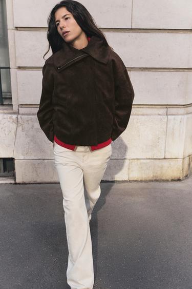 جاكيت بومبر بياقة عريضة - بني الخاص بـ Zara