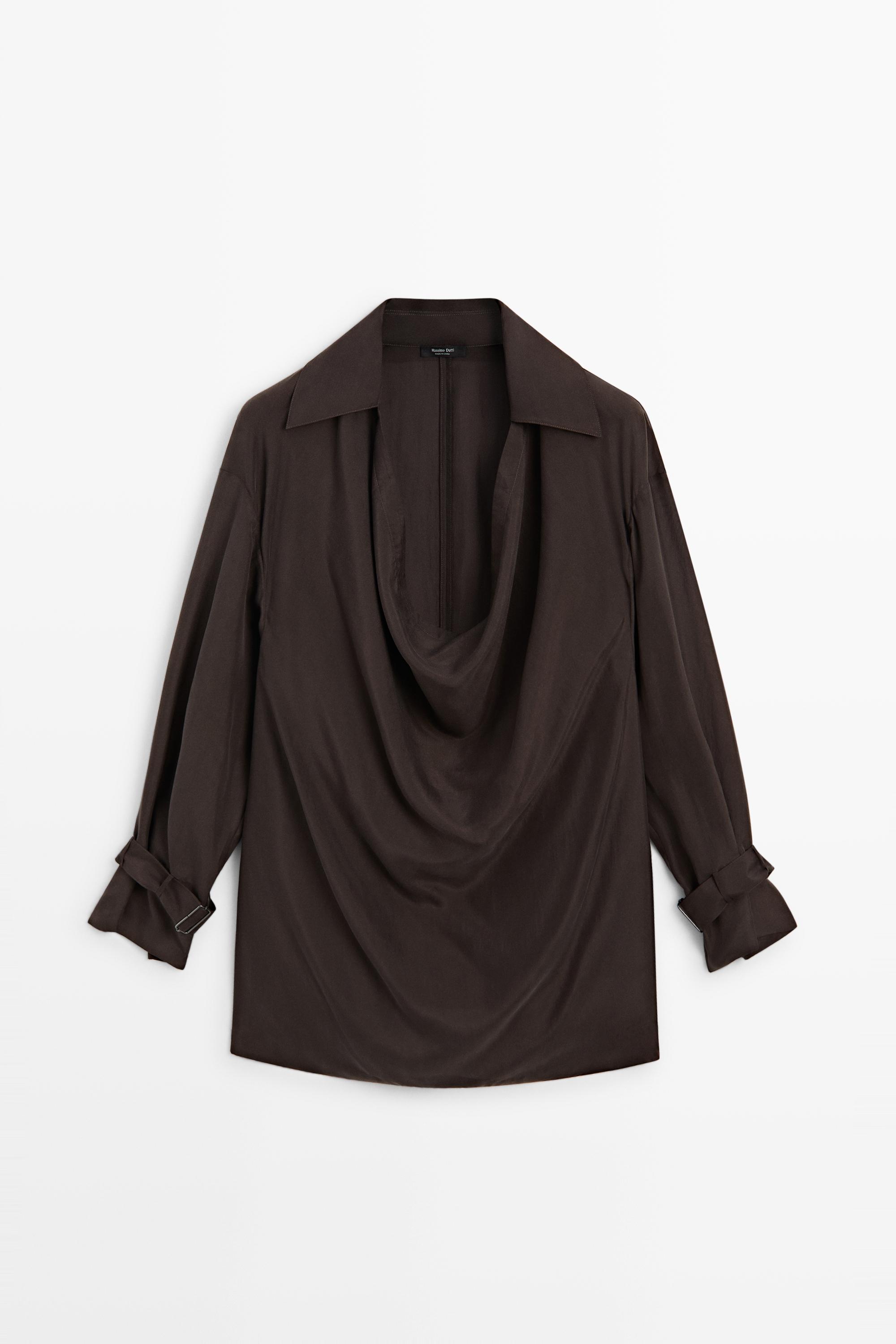 100% Silk Draped Neckline Flowy Shirt