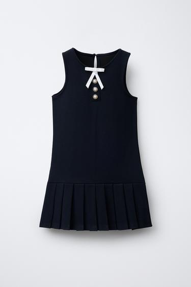 TEXTURED PINAFORE DRESS WITH BUTTONS AND BOW - Navy blue by Zara - Image 0