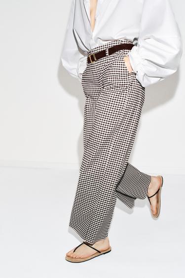 GINGHAM STRAIGHT TROUSERS WITH BELT - Brown by Zara