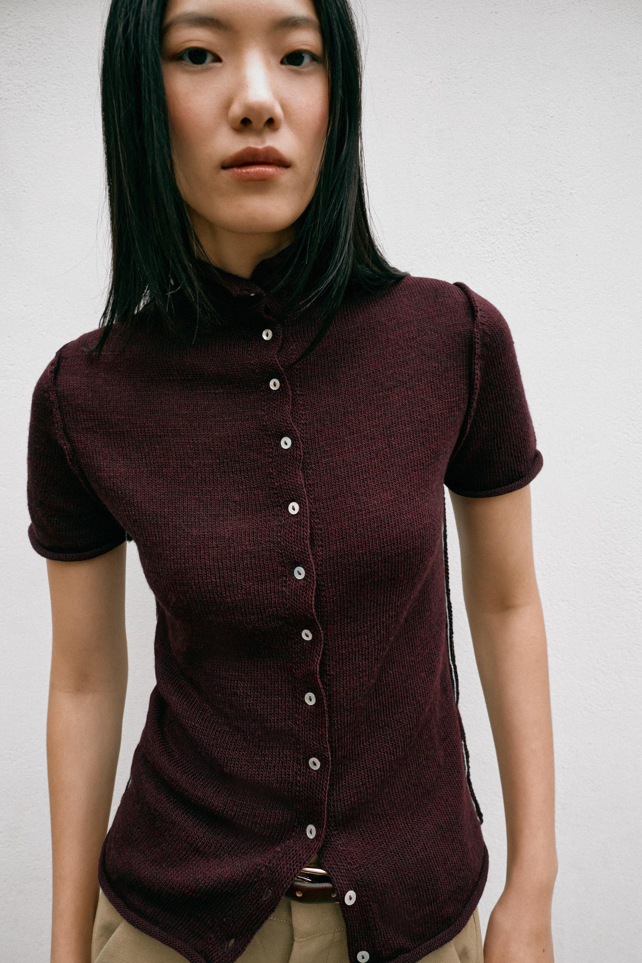 CONTRAST PIPING CARDIGAN — Eggplant