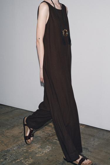 ZW COLLECTION LINEN BLEND LONG JUMPSUIT - Brown by Zara - Image 1