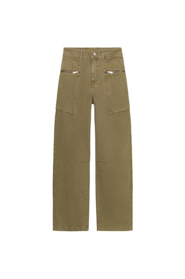 Zara Z1975 MID-RISE CARGO JEANS WITH ZIPPERS - Khaki