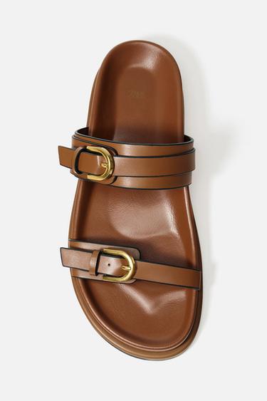 Zara BUCKLE FLAT SANDALS - Brown