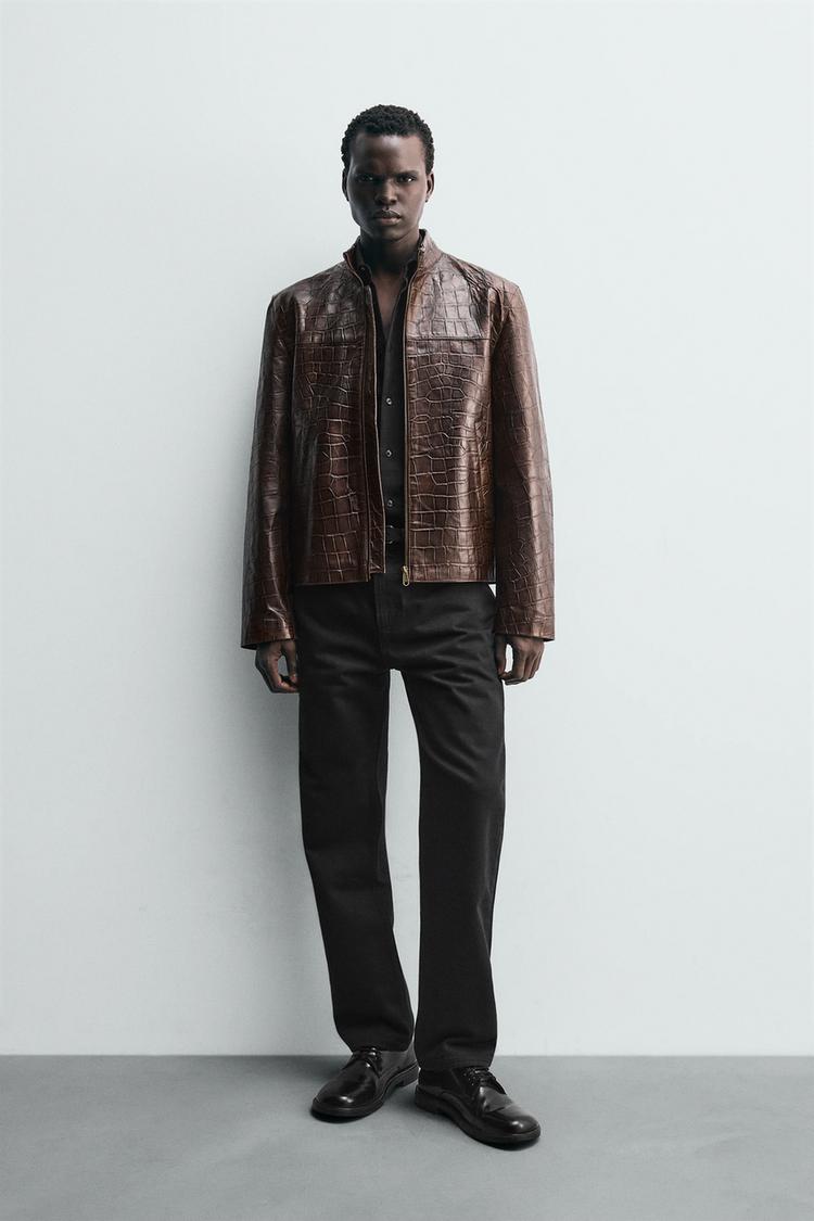 EMBOSSED LEATHER JACKET Brown ZARA Canada