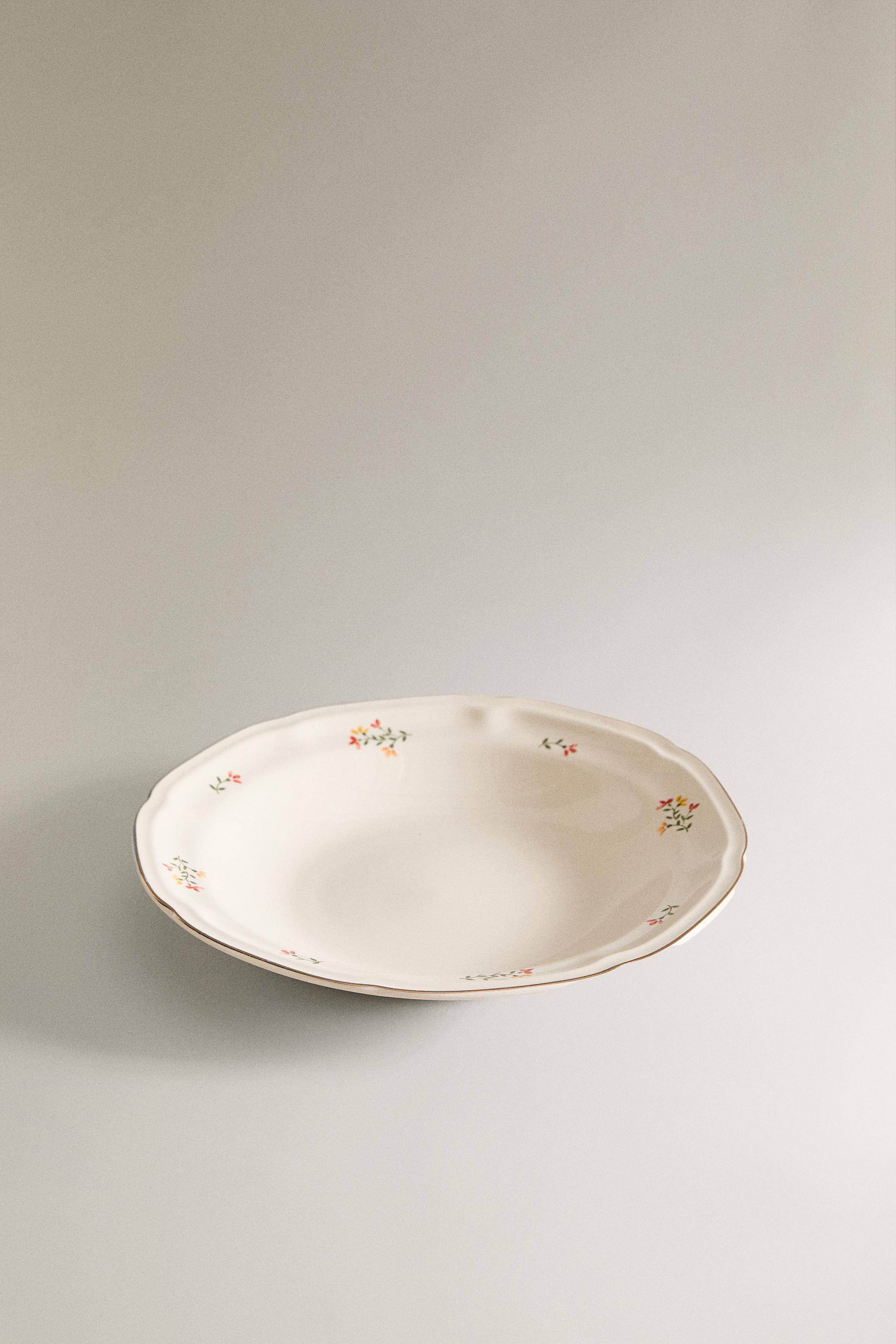 FLORAL PORCELAIN SOUP PLATE — Cream