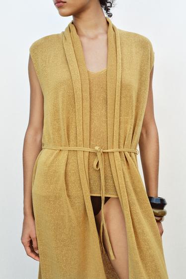 LONG GILET EN MAILLE AVEC LIN - Vert huile de Zara