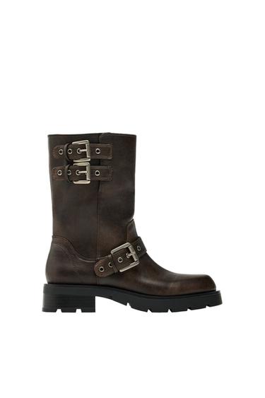 FLAT BIKER ANKLE BOOTS WITH BUCKLES