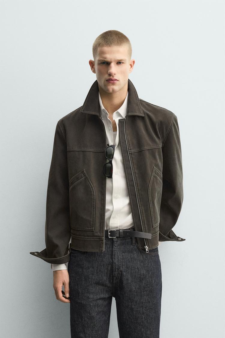 ZARA WASHED-EFFECT TOPSTITCHED JACKET