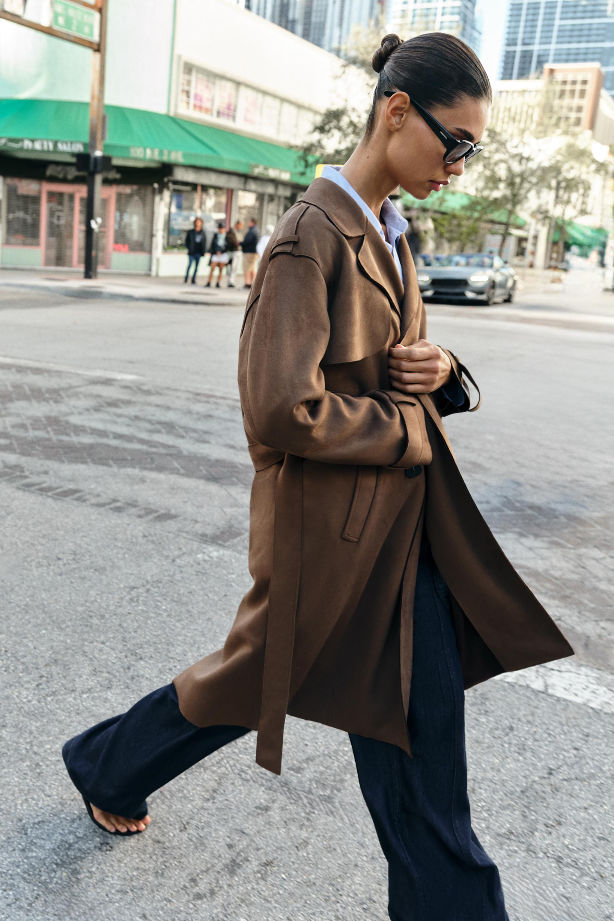 LONG SUEDE EFFECT BELTED TRENCH COAT