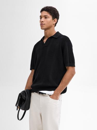 Zara Short sleeve cotton knit polo shirt - Black