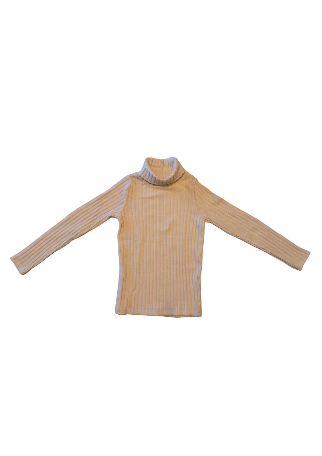 Beige roll-neck jumper with ribbed texture and long sleeves, laid flat on a white background.